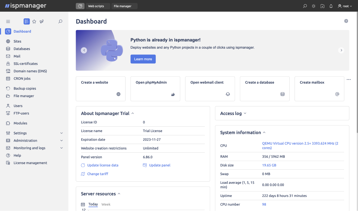 Ispmanager panel